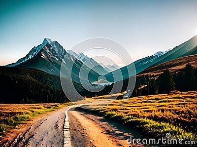 Realistic mountains. Footpath. Neutral palette. Warm lights. Stock Photo