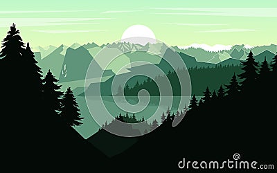 Realistic mountains landscape. fog hills with sun with cloud in sky and mountains silhouettes. Vector forest hiking background Vector Illustration