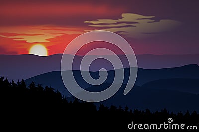 Realistic mountains landscape. Morning forest panorama, rising sun, clouds and mountains silhouettes Vector Illustration