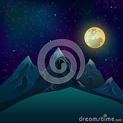 Realistic mountains at night during a full moon with a star neom Vector Illustration