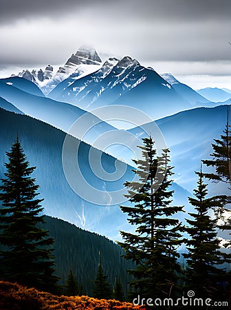 Realistic Mountains Rain Neutral Colors Warm Lighting Stock Photo