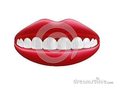Realistic mouth with red lips and white teeth isolated on white background. Vector illustration Vector Illustration