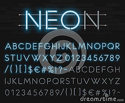 Realistic neon alphabet on a background of black brick wall. Blue glowing font. Vector format Vector Illustration