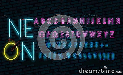 Realistic neon alphabet. Glowing font. Vector format Cartoon Illustration