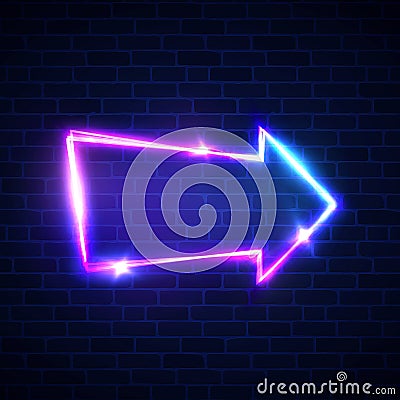 Realistic neon arrow sign on brick wall. Vector Illustration