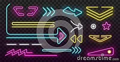 Realistic neon arrows. Different color pointers. Advertising sign design. Different shapes luminous objects. Shining Vector Illustration