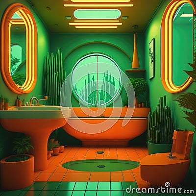 Realistic Neon Colors Retro 50s Years Style Clasic Interior Bathroom Vibrant Colors Big Round Windows Natural Sun Light Green Pot Stock Photo