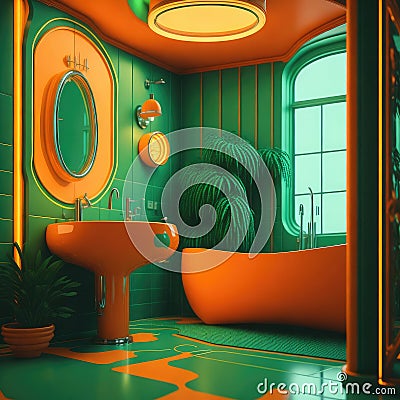 Realistic Neon Colors Retro 50s Years Style Clasic Interior Bathroom Vibrant Colors Big Round Windows Natural Sun Light Green Pot Stock Photo