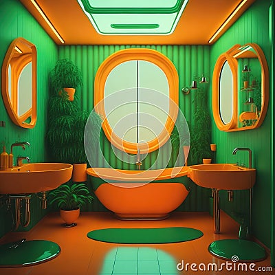 Realistic Neon Colors Retro 50s Years Style Clasic Interior Bathroom Vibrant Colors Big Round Windows Natural Sun Light Green Pot Stock Photo