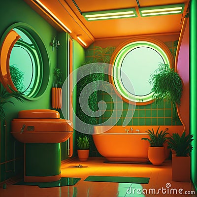 Realistic Neon Colors Retro 50s Years Style Clasic Interior Bathroom Vibrant Colors Big Round Windows Natural Sun Light Green Pot Stock Photo