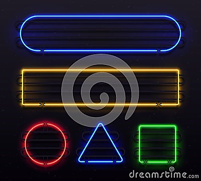 Realistic neon frame. Shiny banner with electric border glow and light vintage bar illuminated frames. Retro glowing Vector Illustration