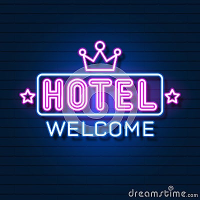 Realistic Neon Hotel Inscription. Glowing Font. Vector Vector Illustration