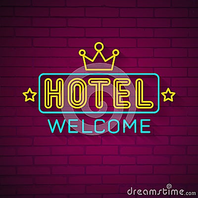 Realistic Neon Hotel Inscription. Glowing Font. Vector Vector Illustration