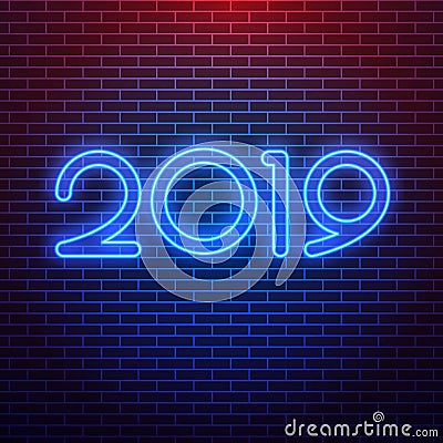 Realistic neon sign of 2019 logo for decoration on the wall background. Concept of Merry Christmas and Happy New Year. Cartoon Illustration