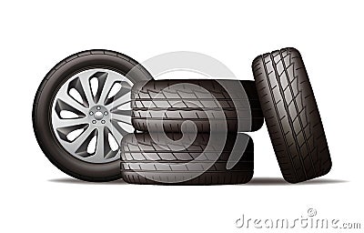 Realistic new black car wheels stack, four tires Vector Illustration