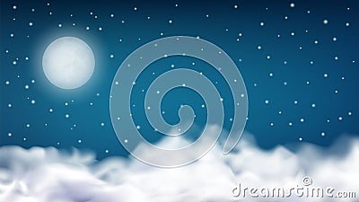 Realistic night sky with moon and stars. Cloudy fog, starry horizontal and moonlight at evening. Magical dreams vector Vector Illustration