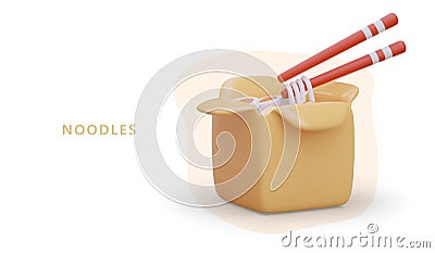 Realistic noodles. Oriental cuisine. Asian fast food. Serving in disposable dishes, chopsticks Vector Illustration