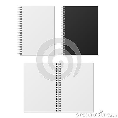 Realistic notebook. Blank open and closed spiral binder notebooks. Paper organizer and diary vector template isolated Vector Illustration