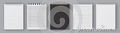 Realistic notebook cover mockup and paper pages with lines and grid. Sketchbook blank sheet. Dotted diary book. Notebook Vector Illustration
