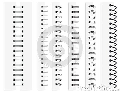 Realistic notebook spirals, calendar metal spiral binders. Binding coils for paper sheets, steel binder rings, wire Vector Illustration