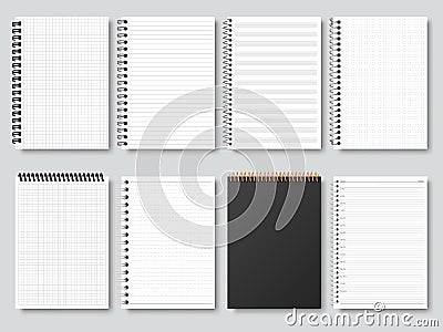 Realistic notepapers, spiral binding notebook, sketchbook or calendar. Open and closed diary, organiser or copybook Vector Illustration