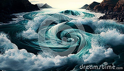 realistic ocean waves illustration. whirlpool in a storm on the coast. Cartoon Illustration
