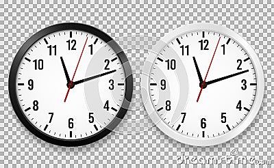 Realistic office clock. Wall round watches with time arrows and clock face isolated 3d vector black and white clocks Vector Illustration