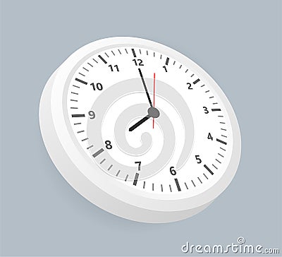 Realistic office clock. Wall round watches with time arrows and clock face in isometric position. Vector illustration. Vector Illustration