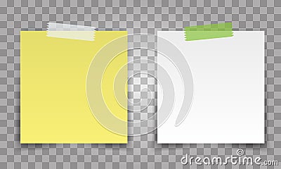 Realistic Office paper sheet pin with transparent tape. White and yellow post note vector for your design. Vector Illustration