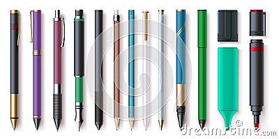 Realistic office writing supplies, pencils, pens and markers. Highlighter, graphite pencil with eraser. School Vector Illustration