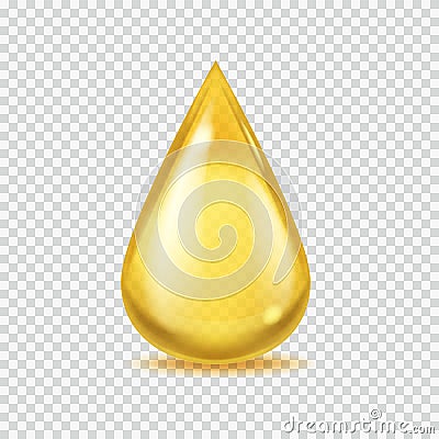 Realistic oil drop. Gold vector honey or petroleum droplet, icon of essential aroma or olive oils, vector illustration Vector Illustration