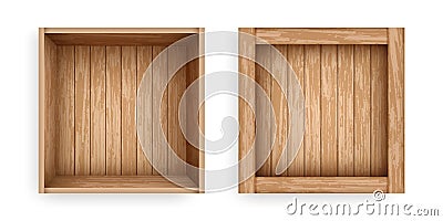 Realistic open and closed boxes of old planks. Wooden crates for storage, transportation and delivery design. Cargo Vector Illustration