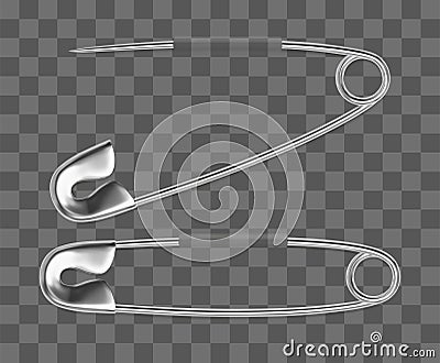 Realistic open and closed sewing safety pin. Vector template on transparent background. Vector Illustration