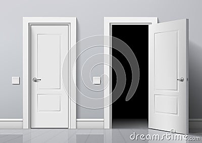 Realistic Open And Closed White Entrance Doors Vector Illustration