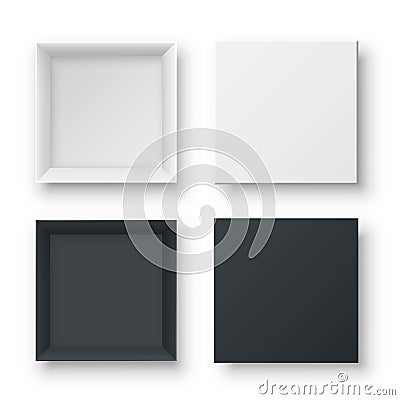 Realistic open empty gift boxes two view. Paper square cardboard white and black container mockups. Blank package models Vector Illustration