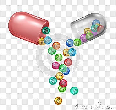 Realistic open pill capsule with vitamin and mineral elements. Medicine supplement ingredients in drugs. Pharmacy health care Stock Photo