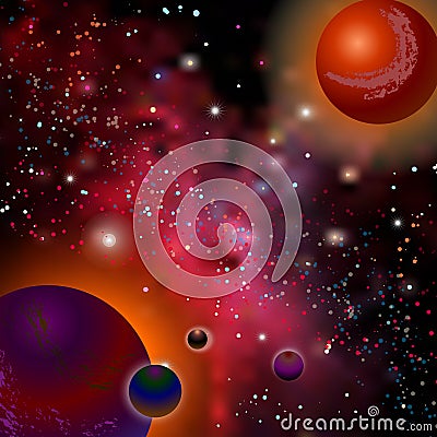 Realistic open space. The milky way, stars and planets. Cartoon fantasy space landscape. Alien planet background Vector Illustration