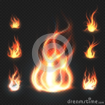 Realistic orange and red fire flames, fireballs on transparent background vector illustration Vector Illustration