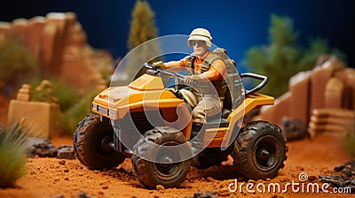 Realistic Orange Toy Army Guy Riding Atv - Lifelike Figure Stock Photo