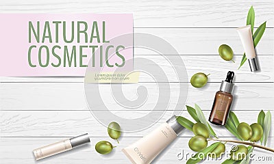 Realistic organic olive oil cosmetics ad. Natural essence farm plant leaves green olive fruits mesh 3D beauty care Vector Illustration