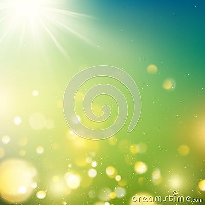 Realistic outdoors bokeh in green and yellow tones with sun rays. EPS 10 Vector Illustration