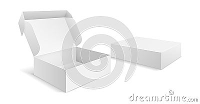 Realistic packaging boxes. Paper blank white box, carton empty mockup open closed package template vector isolated Vector Illustration