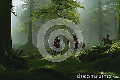 Realistic painting of Scottish or British medieval forest with warrior horsemen Stock Photo