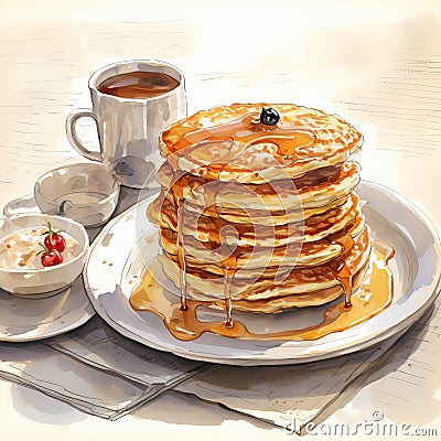 Realistic Pancake Drawing With Syrup Flowing On A Plate Stock Photo