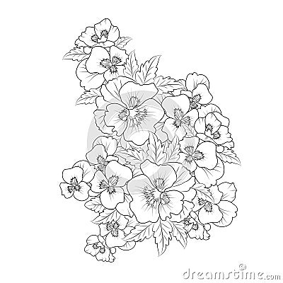 realistic pansy drawing, pansy flower drawing the outline, traditional pansy tattoo, pansy line drawing, Vector Illustration