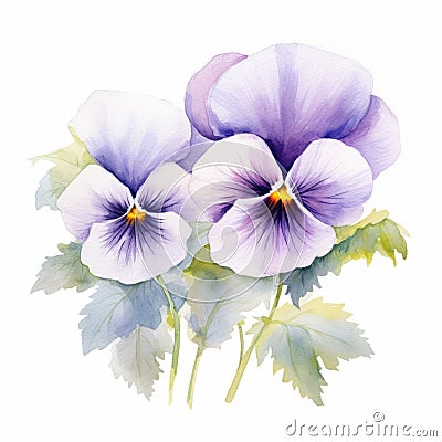 Realistic Pansy Watercolor Painting With White Beauty Flowers Cartoon Illustration