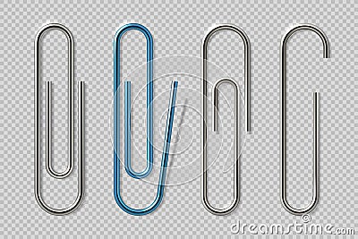 Realistic paper clips. Isolated transparent attach elements, school supplies, metal fasteners notebook holders. Vector Vector Illustration