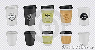 Realistic paper coffee cup. Disposable plastic and paper coffee mugs mockup. 3D vector illustration colorful isolated Vector Illustration