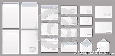 Realistic paper envelopes, white blank mailing envelope with letter. Open and closed envelopes in different sizes vector Vector Illustration