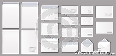 Realistic paper envelopes, white blank mailing envelope with letter. Open and closed envelopes in different sizes vector mockup Stock Photo